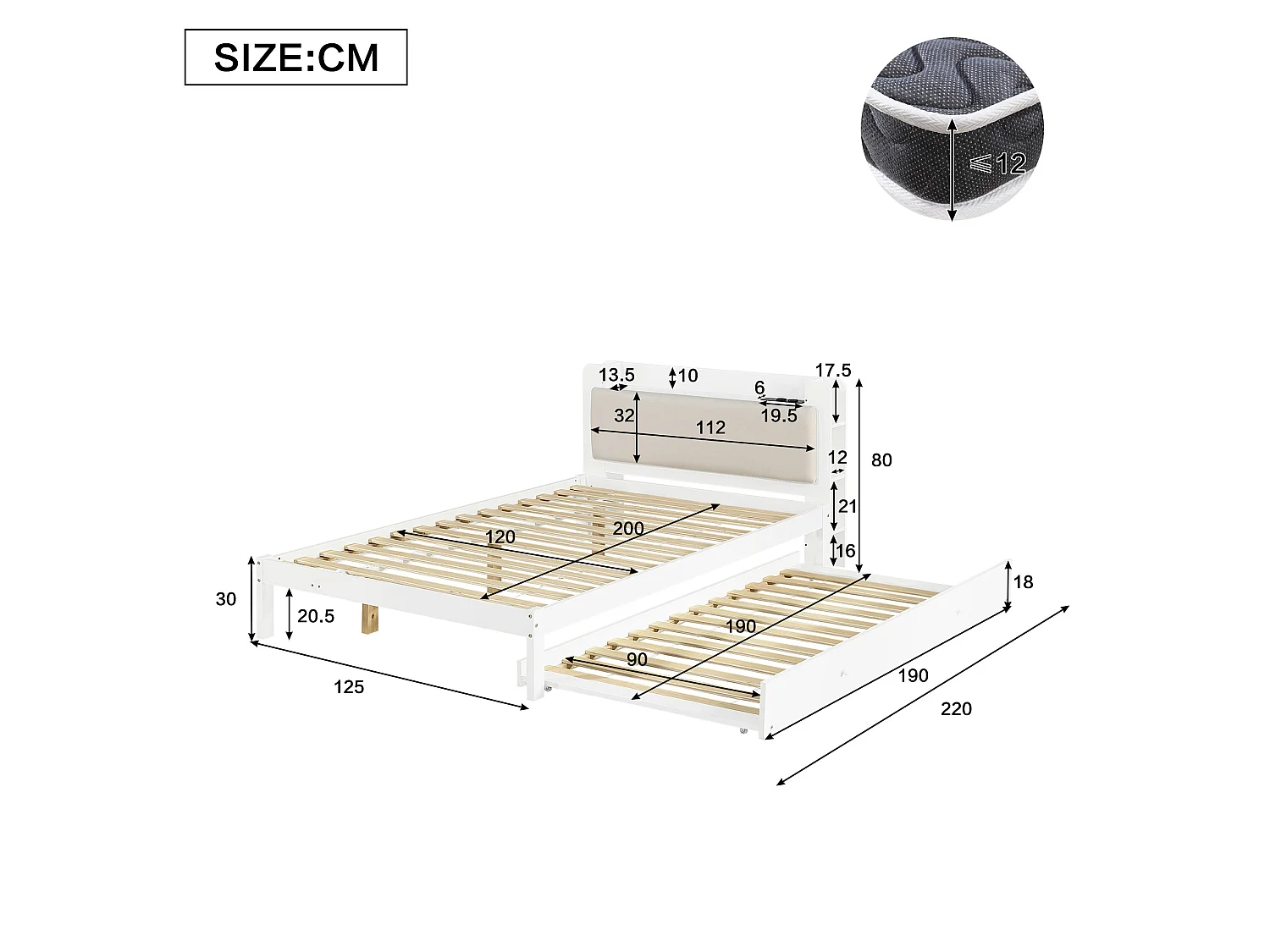 Lit enfant 120x200 cm avec lit gigogne 90x190 cm et prise - Blanc