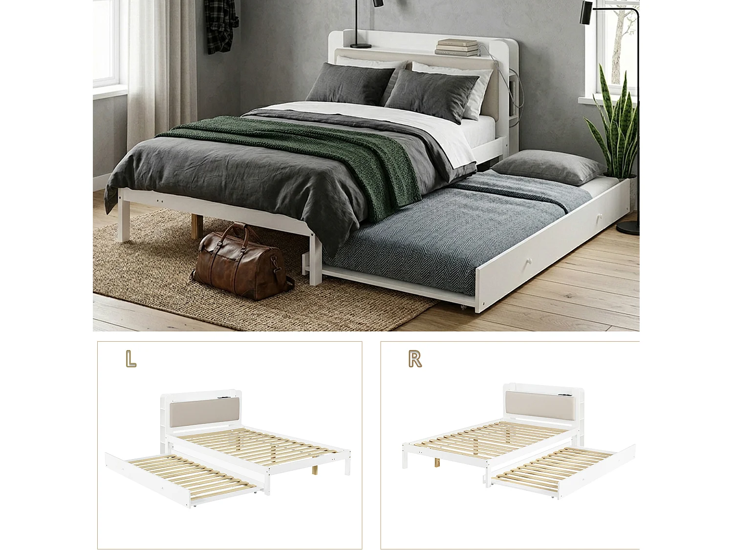 Lit enfant 120x200 cm avec lit gigogne 90x190 cm et prise - Blanc