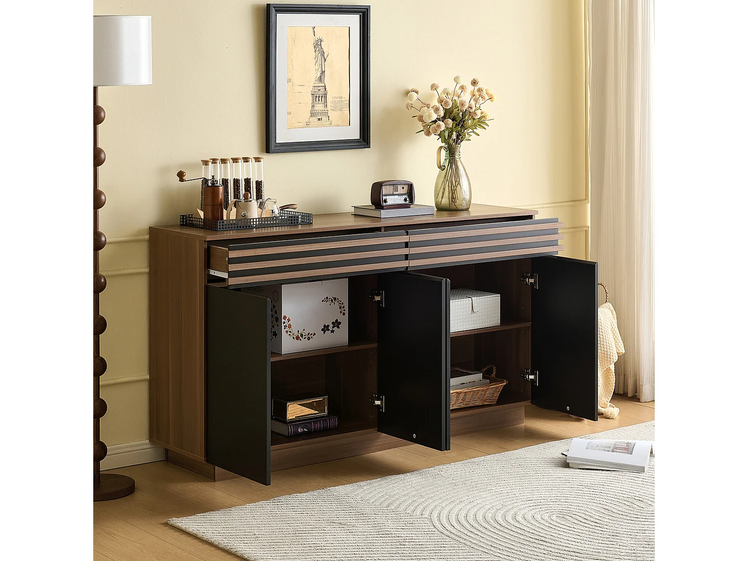 Buffet aspect bois brun avec 2 tiroirs et 4 portes – Pour salon, cuisine