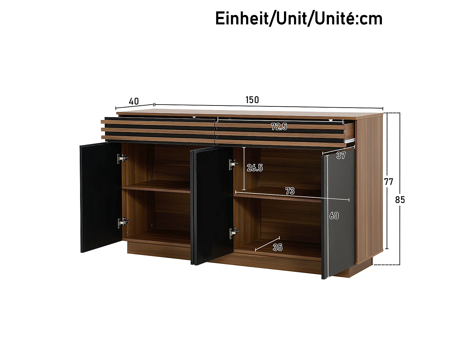 Buffet aspect bois brun avec 2 tiroirs et 4 portes – Pour salon, cuisine