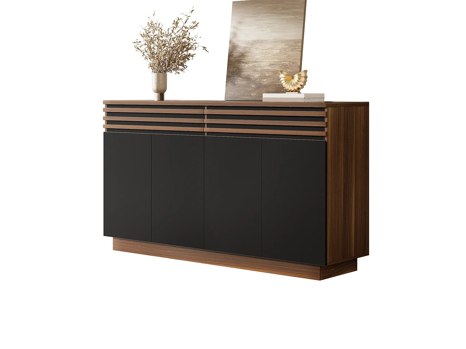 Buffet aspect bois brun avec 2 tiroirs et 4 portes – Pour salon, cuisine