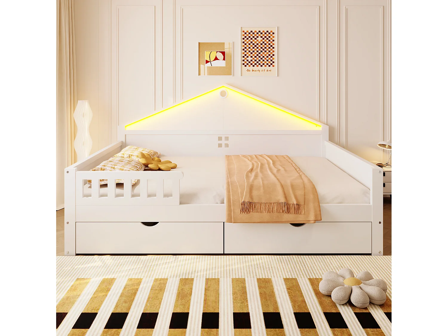 Lit adulte 140x200 cm avec sommier à lattes, LED et 2 tiroirs - Blanc