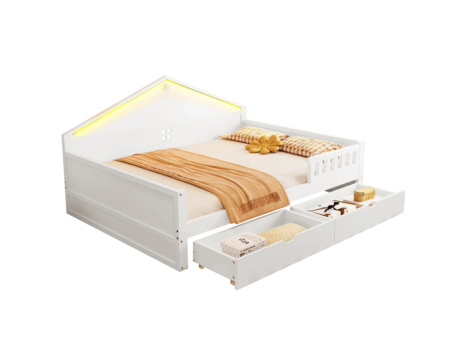 Lit adulte 140x200 cm avec sommier à lattes, LED et 2 tiroirs - Blanc