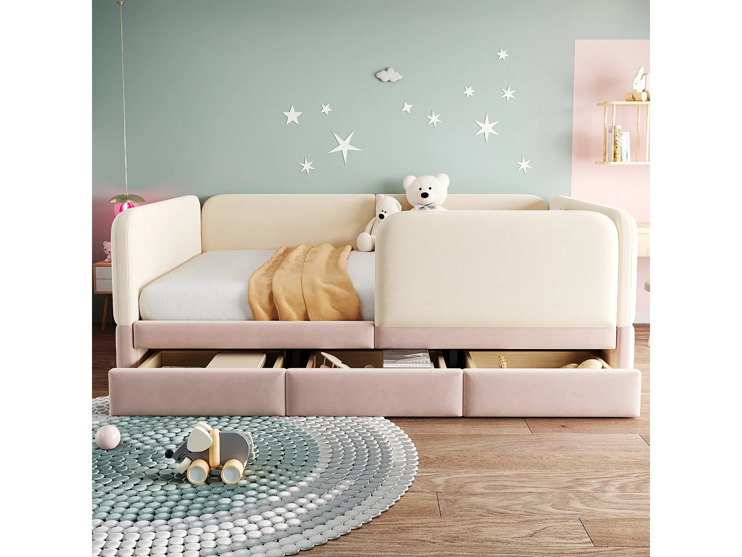 Lit enfant 140 x 200 cm en velours avec barrière de sécurité enveloppante - Rose et beige