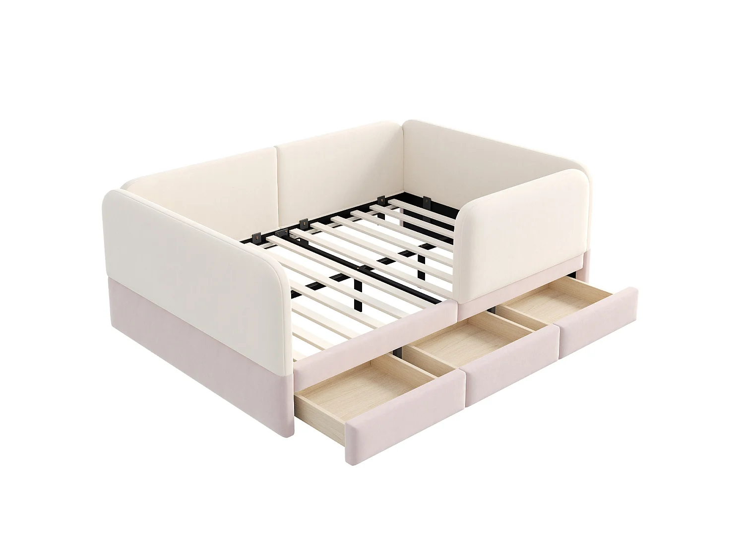 Lit enfant 140 x 200 cm en velours avec barrière de sécurité enveloppante - Rose et beige