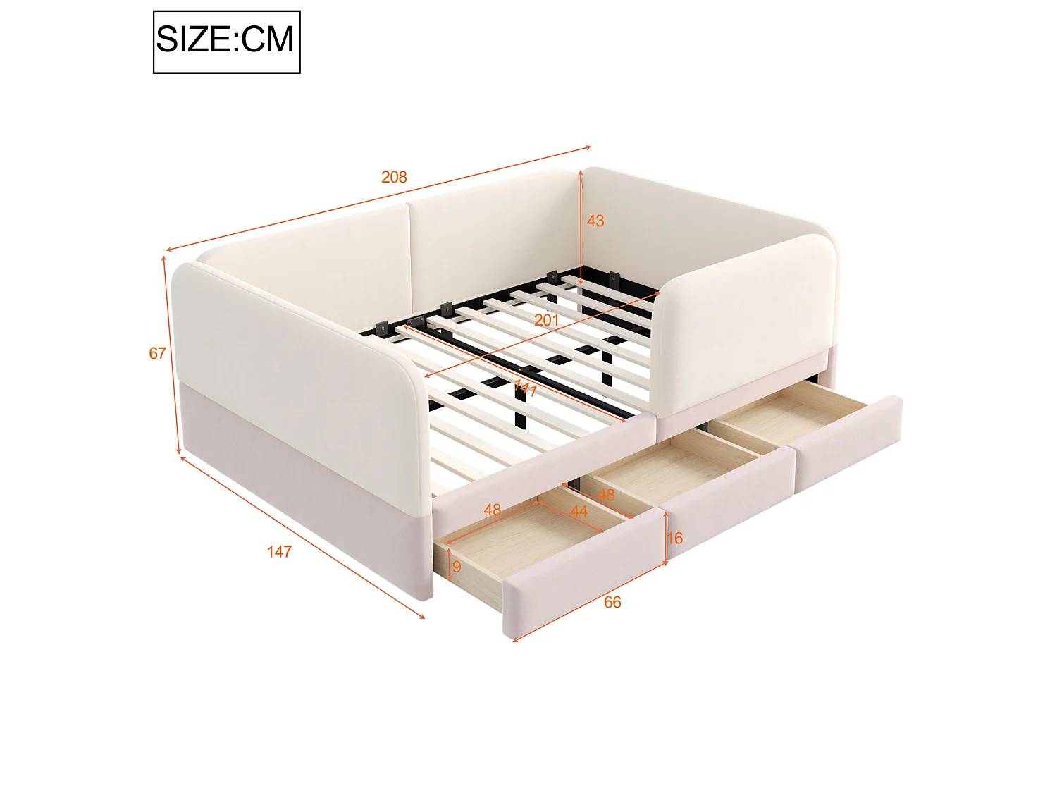 Lit enfant 140 x 200 cm en velours avec barrière de sécurité enveloppante - Rose et beige
