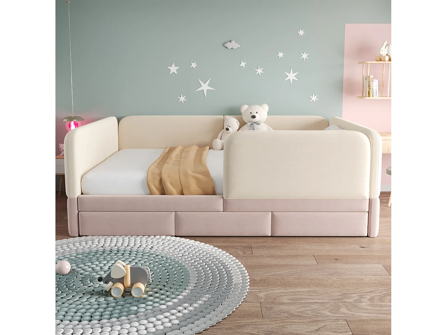 Lit enfant 140 x 200 cm en velours avec barrière de sécurité enveloppante - Rose et beige