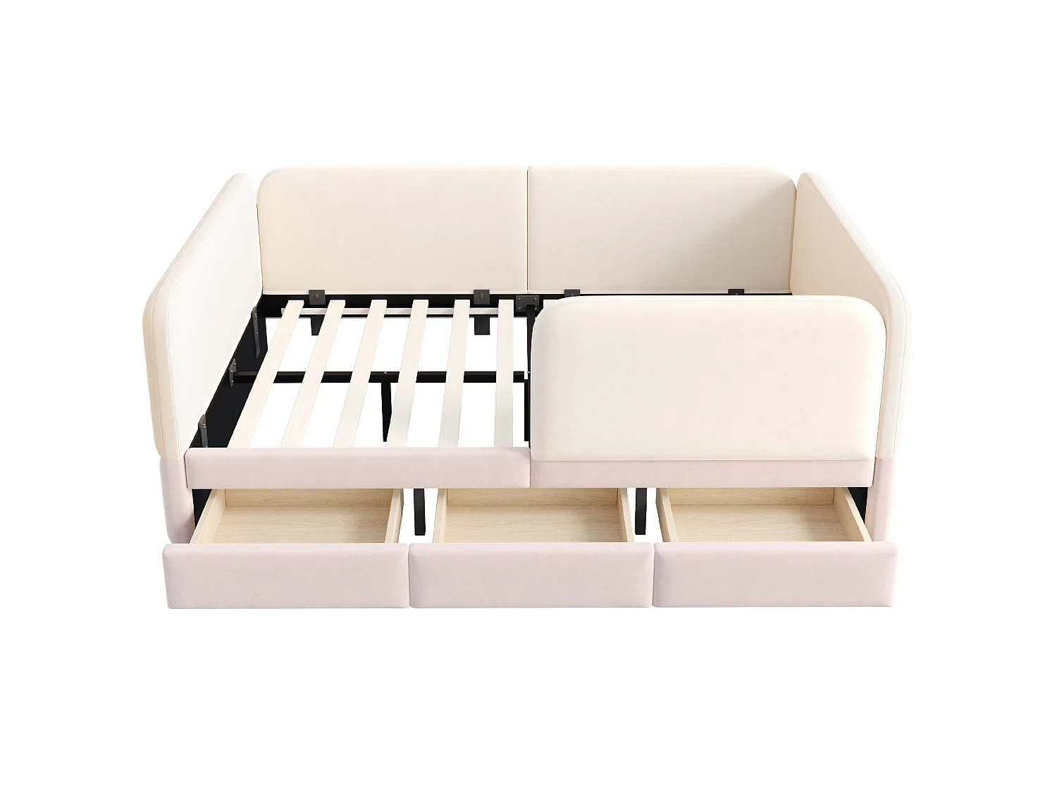 Lit enfant 140 x 200 cm en velours avec barrière de sécurité enveloppante - Rose et beige