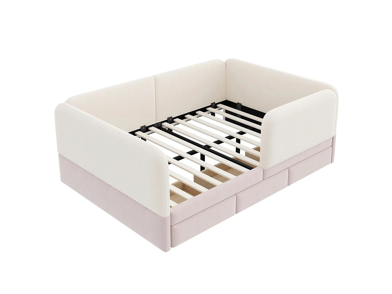 Lit enfant 140 x 200 cm en velours avec barrière de sécurité enveloppante - Rose et beige