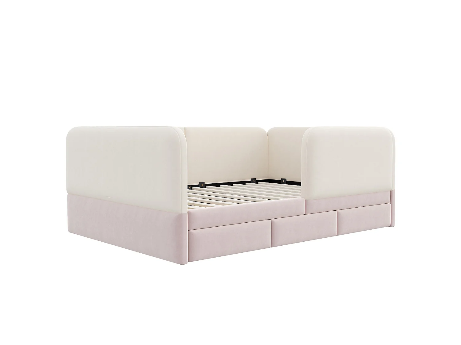 Lit enfant 140 x 200 cm en velours avec barrière de sécurité enveloppante - Rose et beige