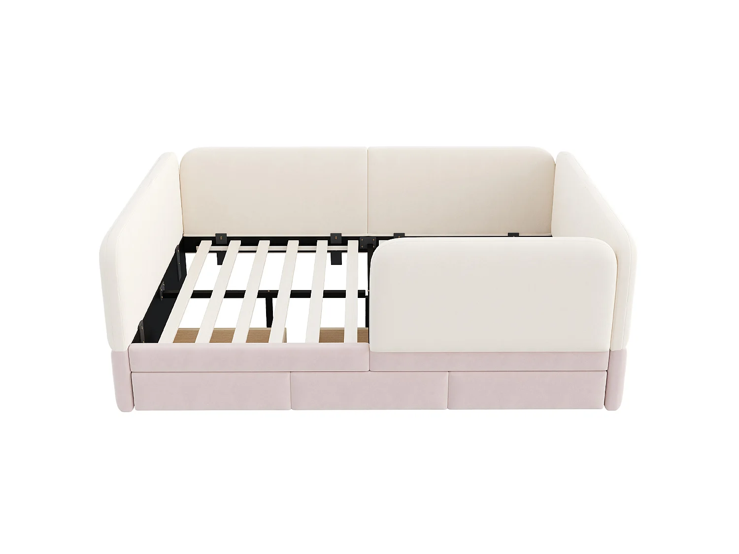 Lit enfant 140 x 200 cm en velours avec barrière de sécurité enveloppante - Rose et beige