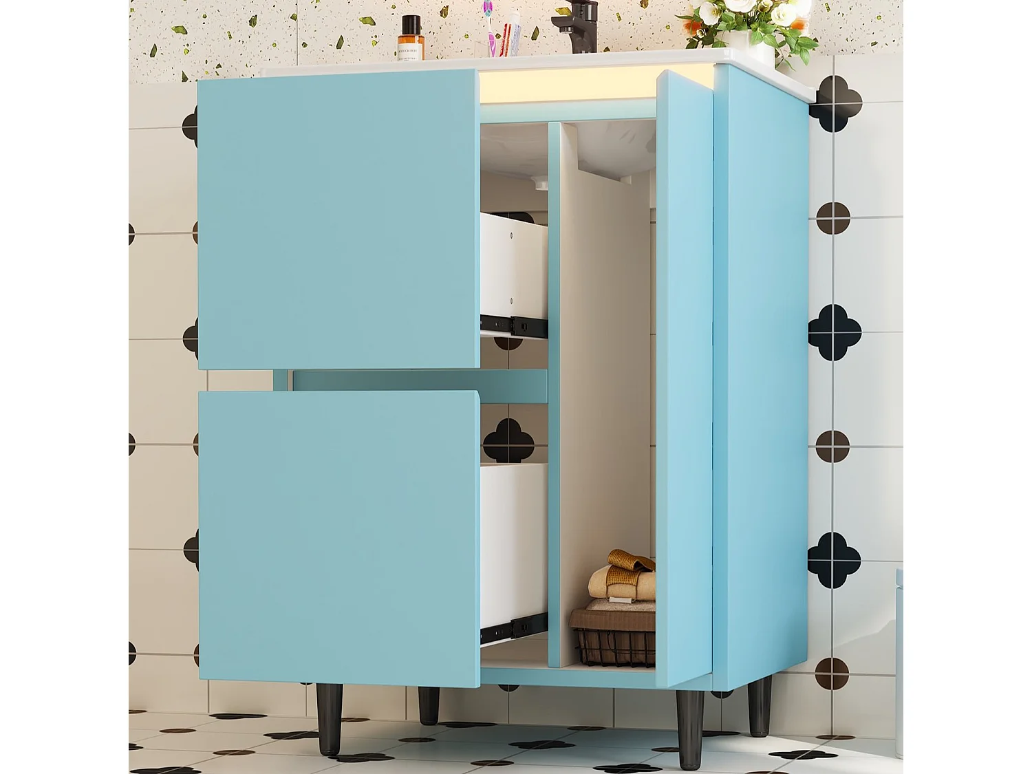 Mobiletto bagno autoportante da 61 cm con lavabo integrato, illuminazione a LED e 2 cassetti - Blu