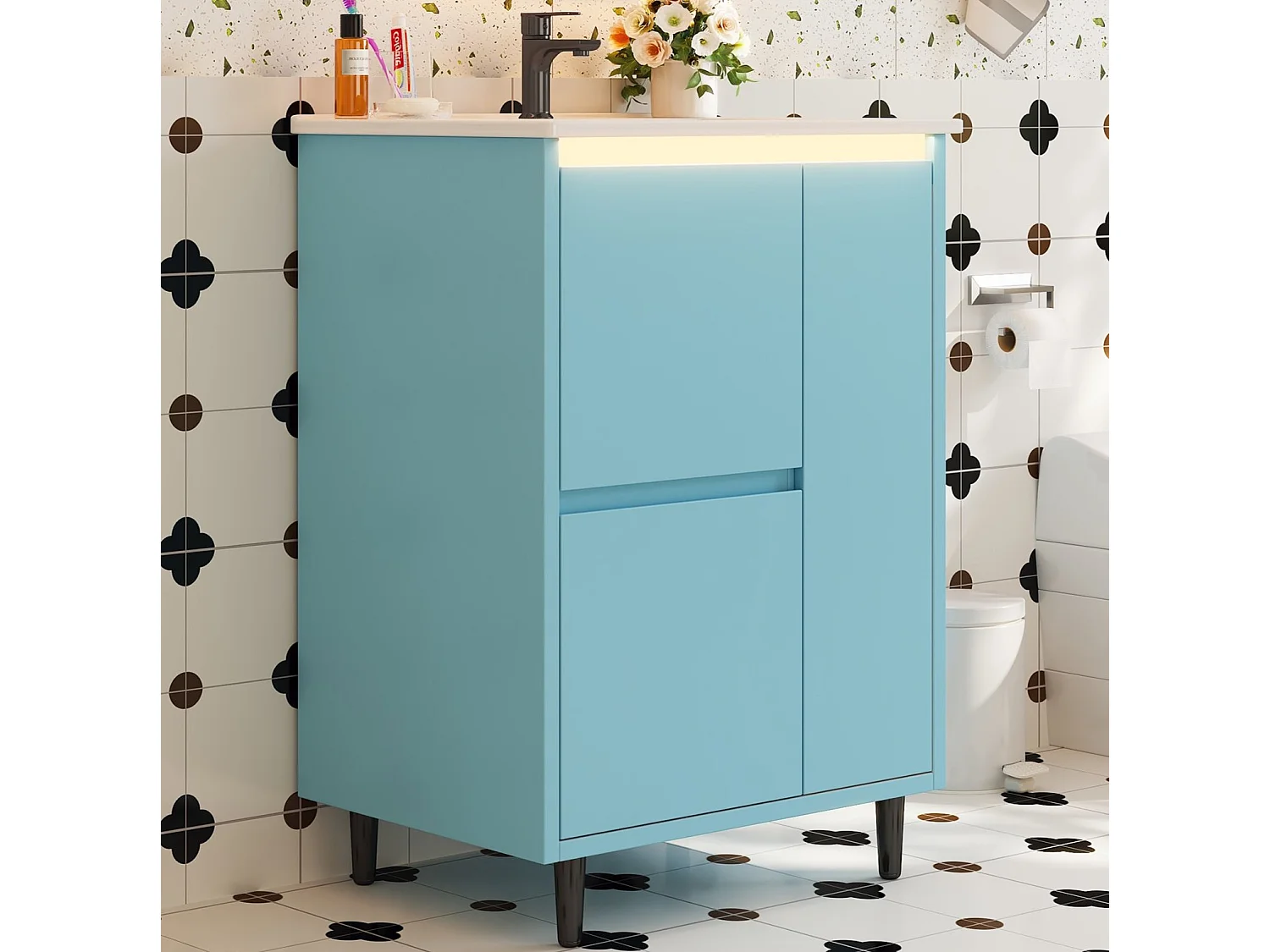 Mobiletto bagno autoportante da 61 cm con lavabo integrato, illuminazione a LED e 2 cassetti - Blu