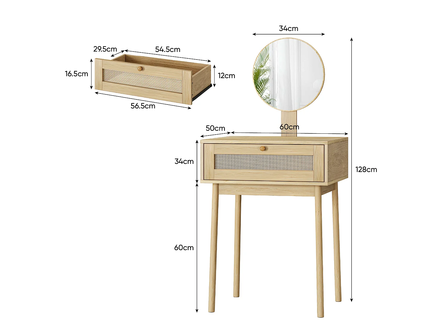 Coiffeuse 60x50x128 cm en bois avec miroir rond et tiroir