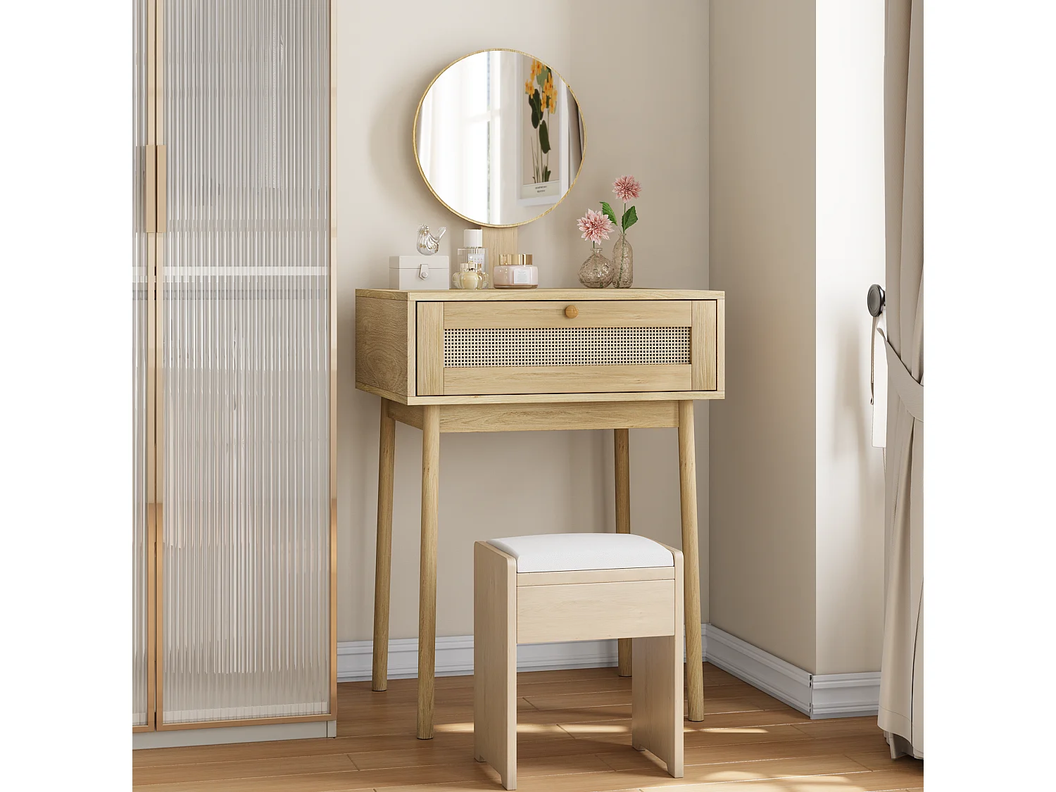 Coiffeuse 60x50x128 cm en bois avec miroir rond et tiroir