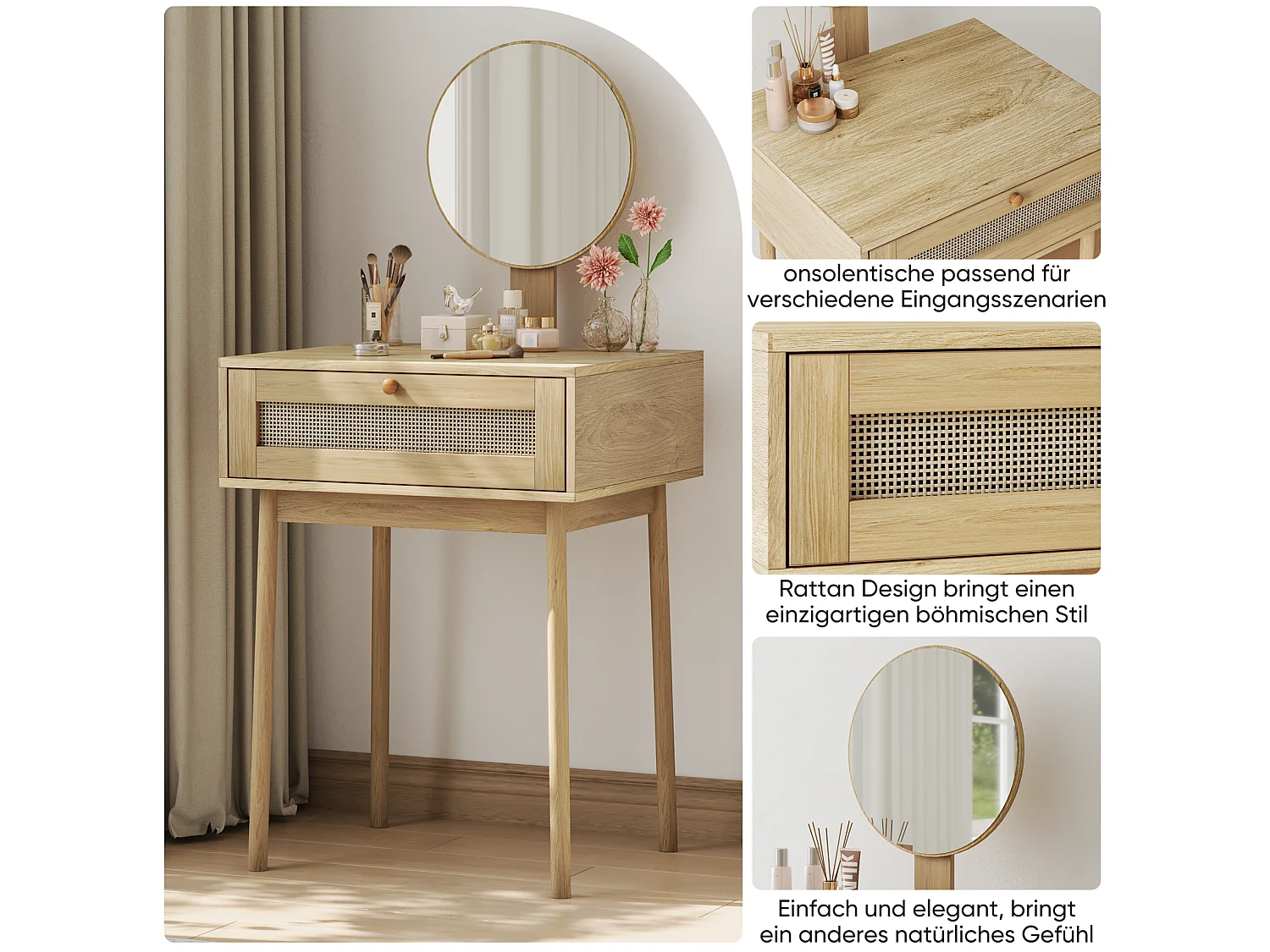 Coiffeuse 60x50x128 cm en bois avec miroir rond et tiroir