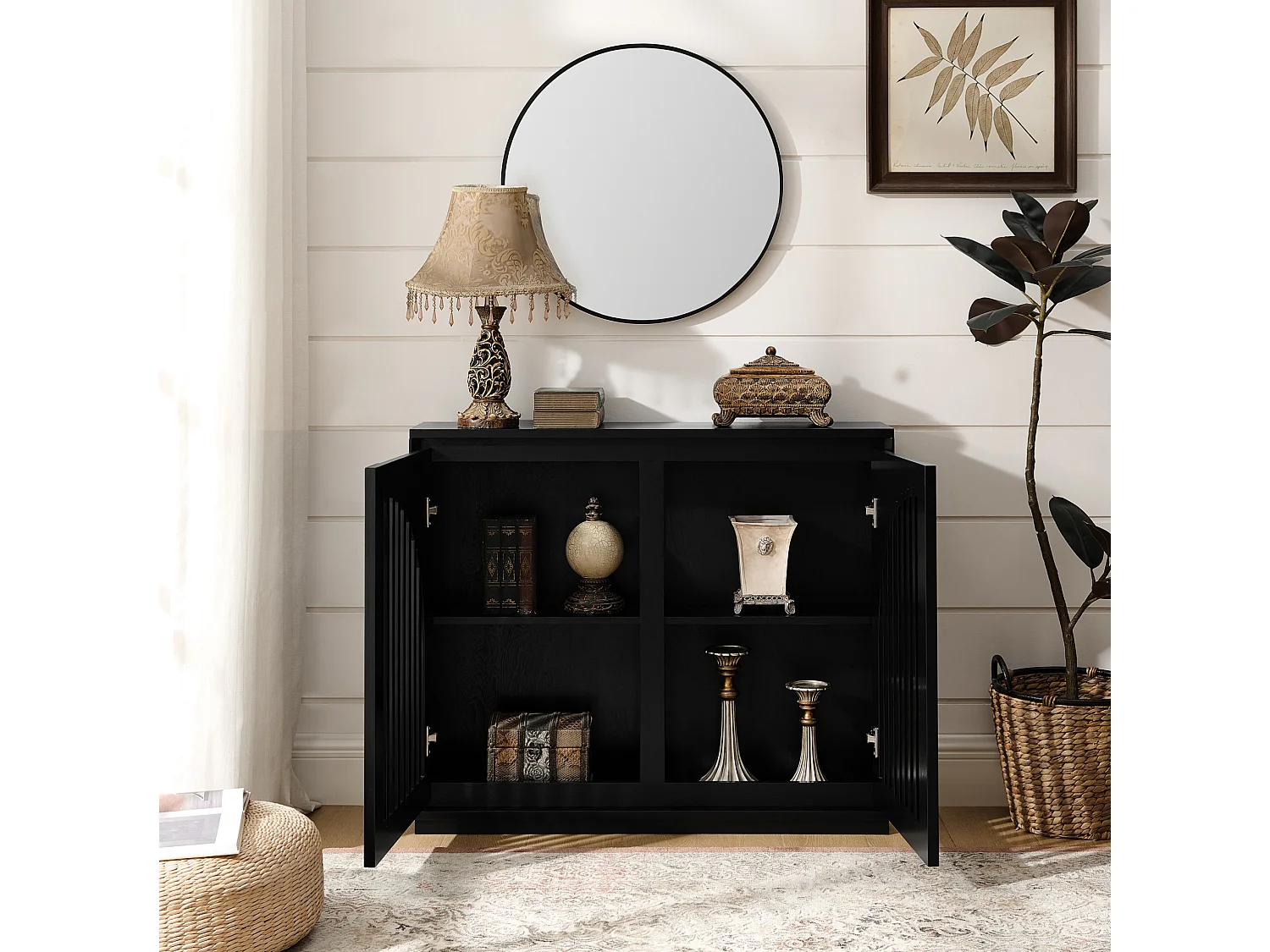 Buffet noir avec 2 portes - Façades cannelée