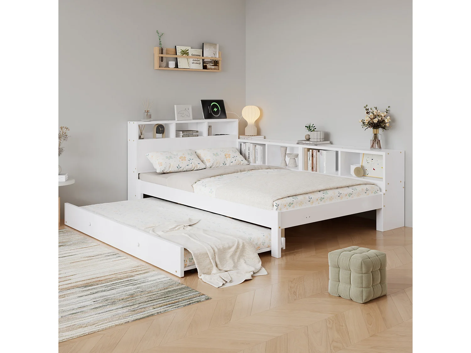 Lit enfant 120x200 cm avec lit gigogne 90x190 cm en bois blanc - Avec étagères et prise