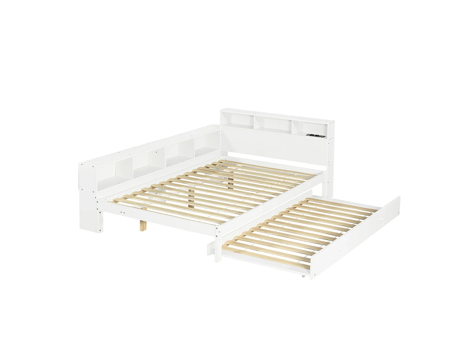 Lit enfant 120x200 cm avec lit gigogne 90x190 cm en bois blanc - Avec étagères et prise