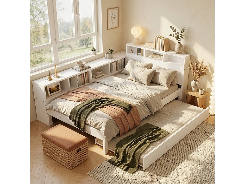 Lit enfant 120x200 cm avec lit gigogne 90x190 cm en bois blanc - Avec étagères et prise