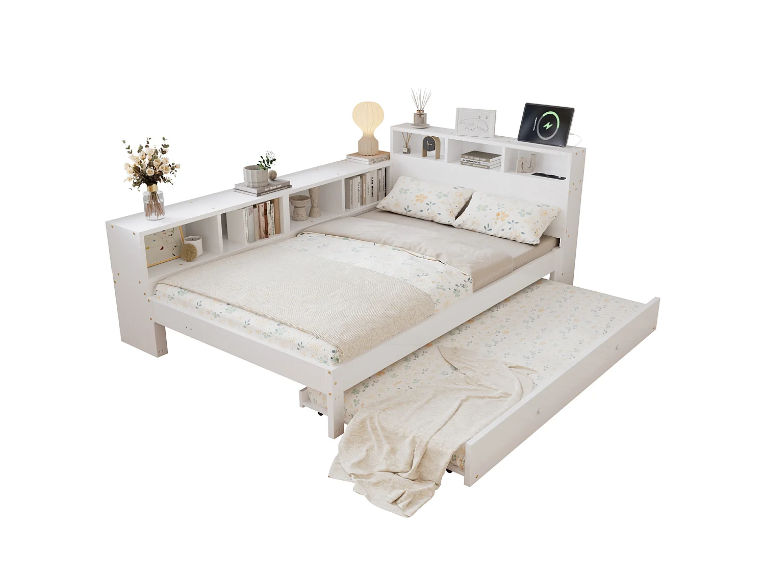 Lit enfant 120x200 cm avec lit gigogne 90x190 cm en bois blanc - Avec étagères et prise