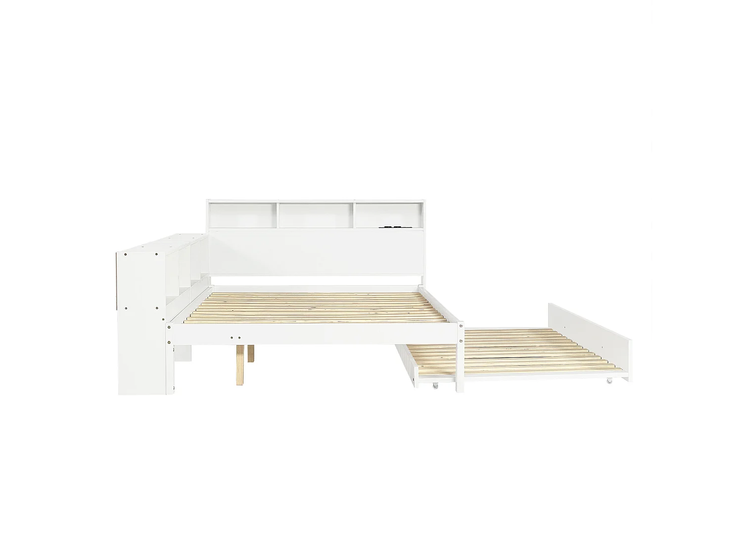 Lit enfant 120x200 cm avec lit gigogne 90x190 cm en bois blanc - Avec étagères et prise