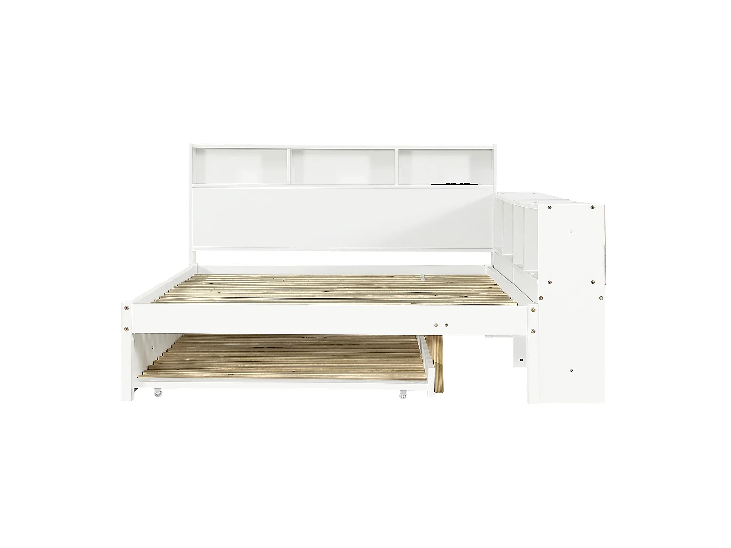 Lit enfant 120x200 cm avec lit gigogne 90x190 cm en bois blanc - Avec étagères et prise