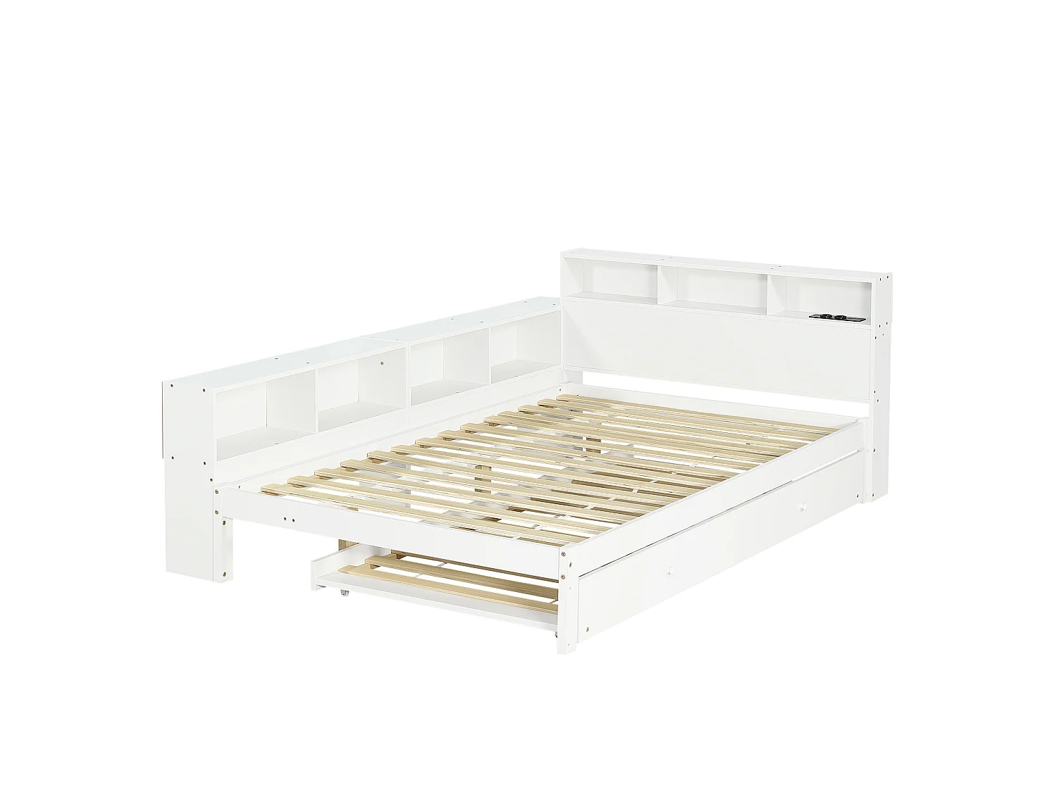 Lit enfant 120x200 cm avec lit gigogne 90x190 cm en bois blanc - Avec étagères et prise