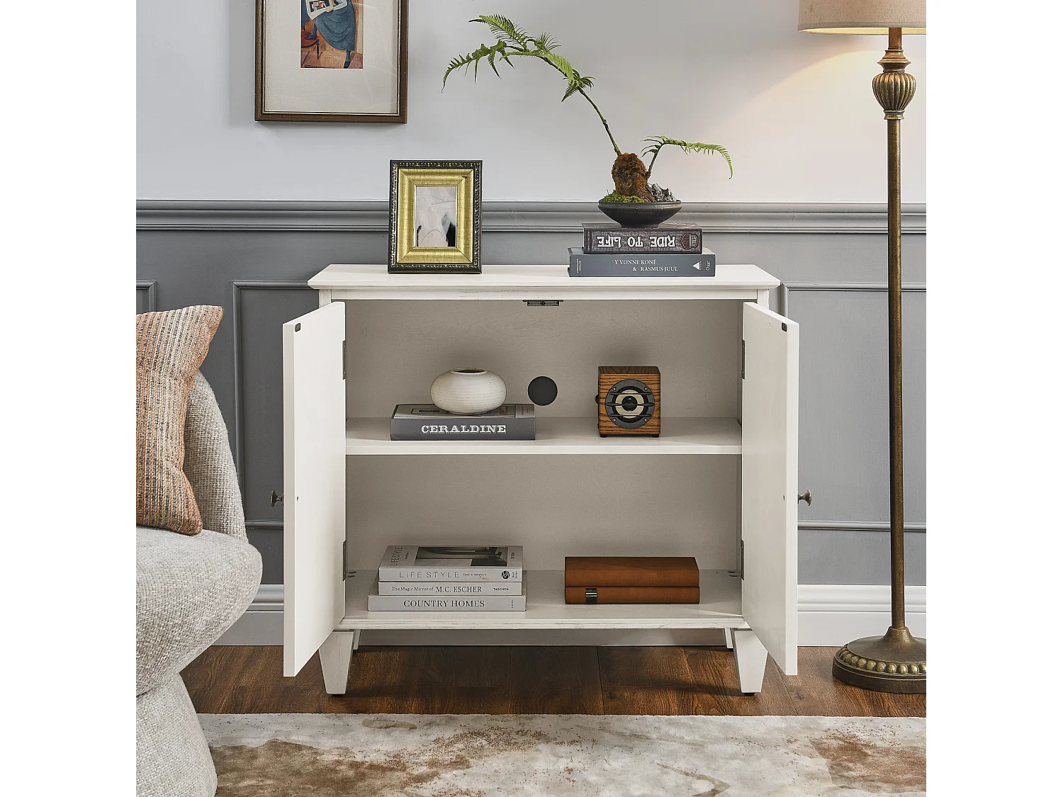 Buffet rétro 85.3 cm avec 2 portes et étagère réglable - Blanc