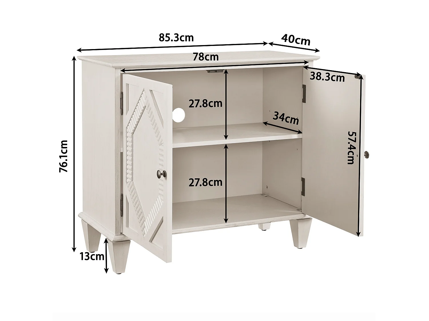 Buffet rétro 85.3 cm avec 2 portes et étagère réglable - Blanc