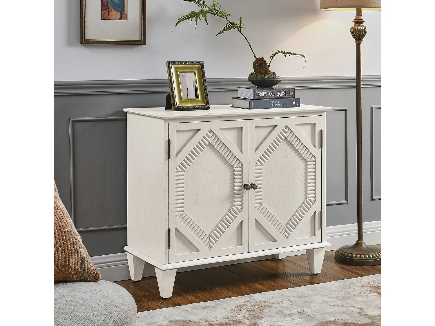 Buffet rétro 85.3 cm avec 2 portes et étagère réglable - Blanc