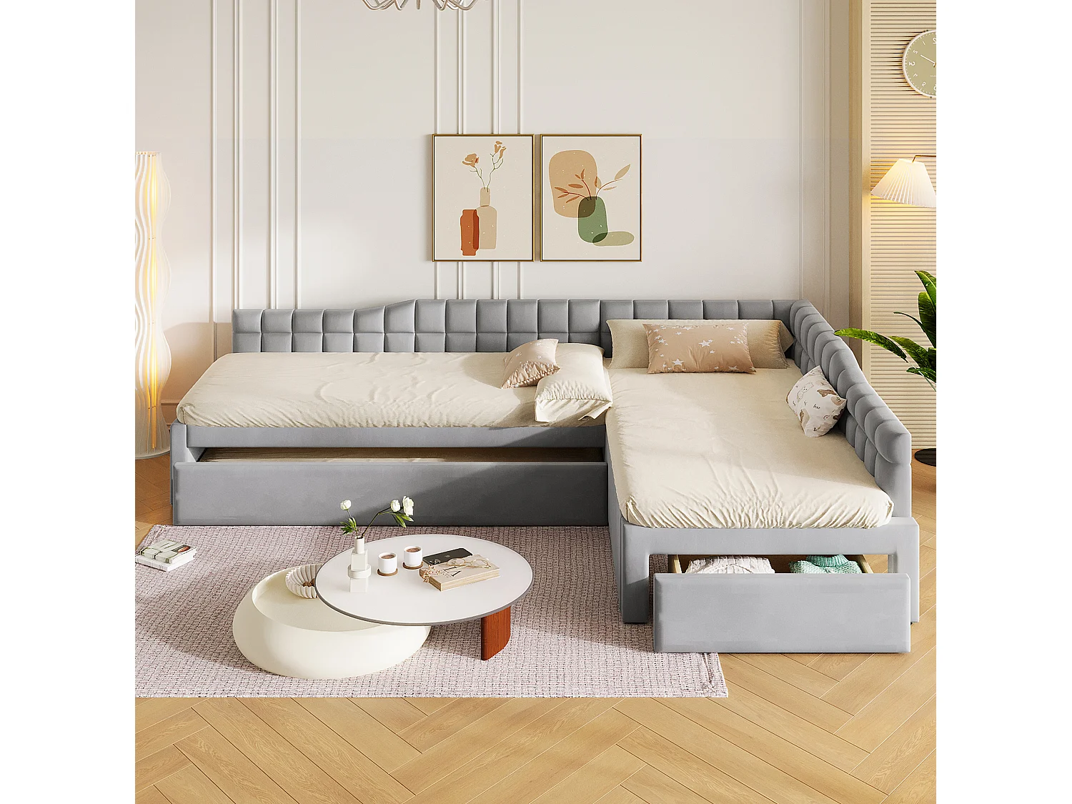 Lit enfant en forme de L 90x200 cm avec lit gigogne 90x190 cm et tiroir - Tissu gris