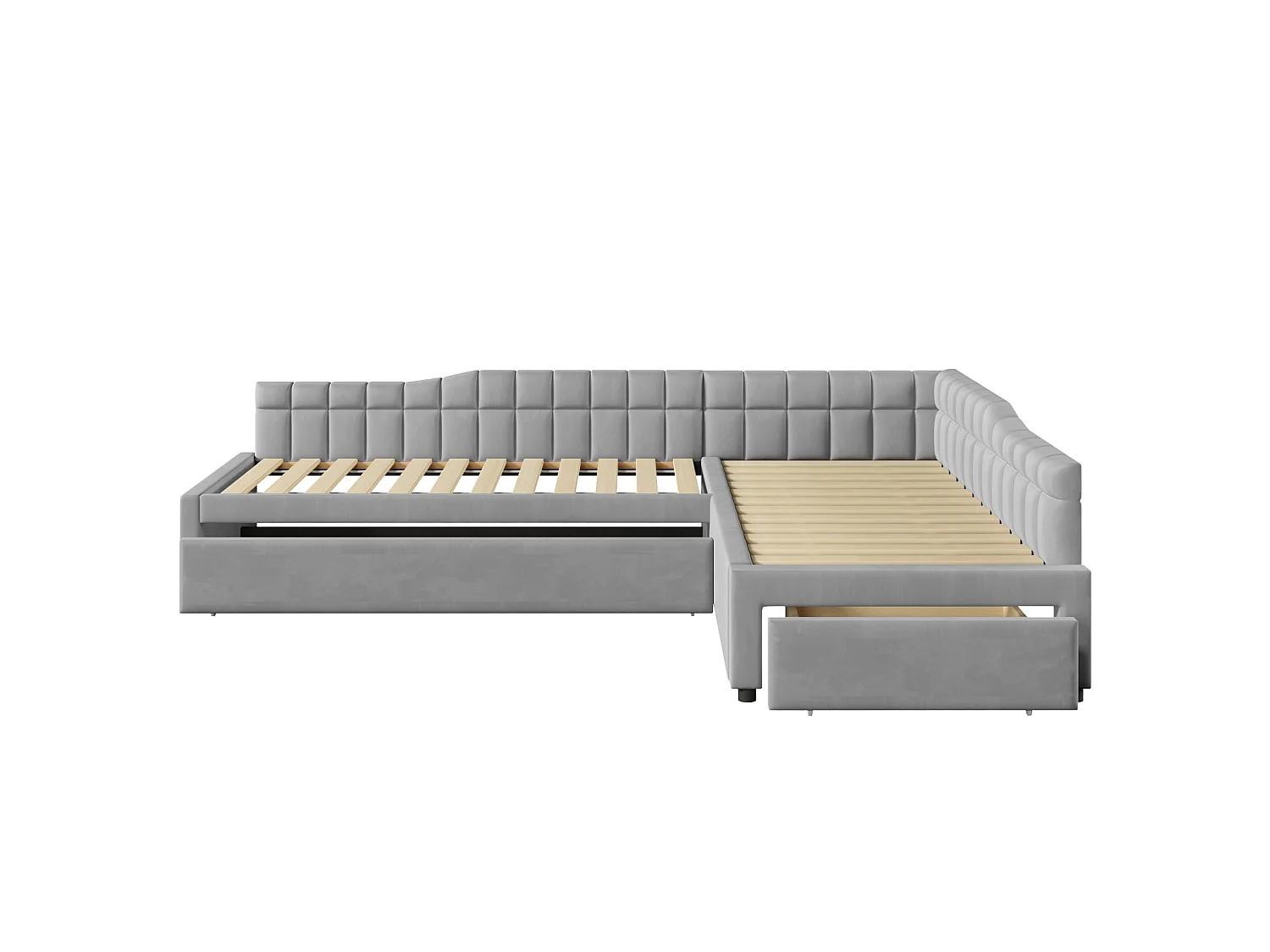 Lit enfant en forme de L 90x200 cm avec lit gigogne 90x190 cm et tiroir - Tissu gris