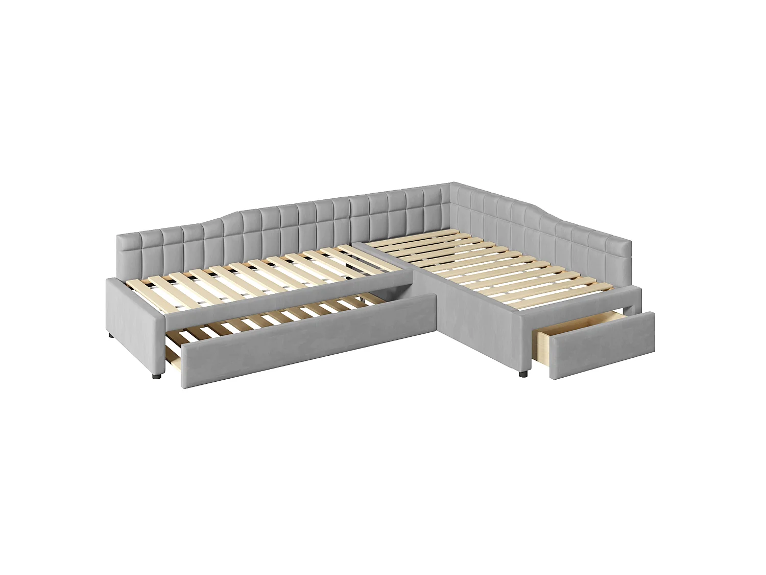Lit enfant en forme de L 90x200 cm avec lit gigogne 90x190 cm et tiroir - Tissu gris
