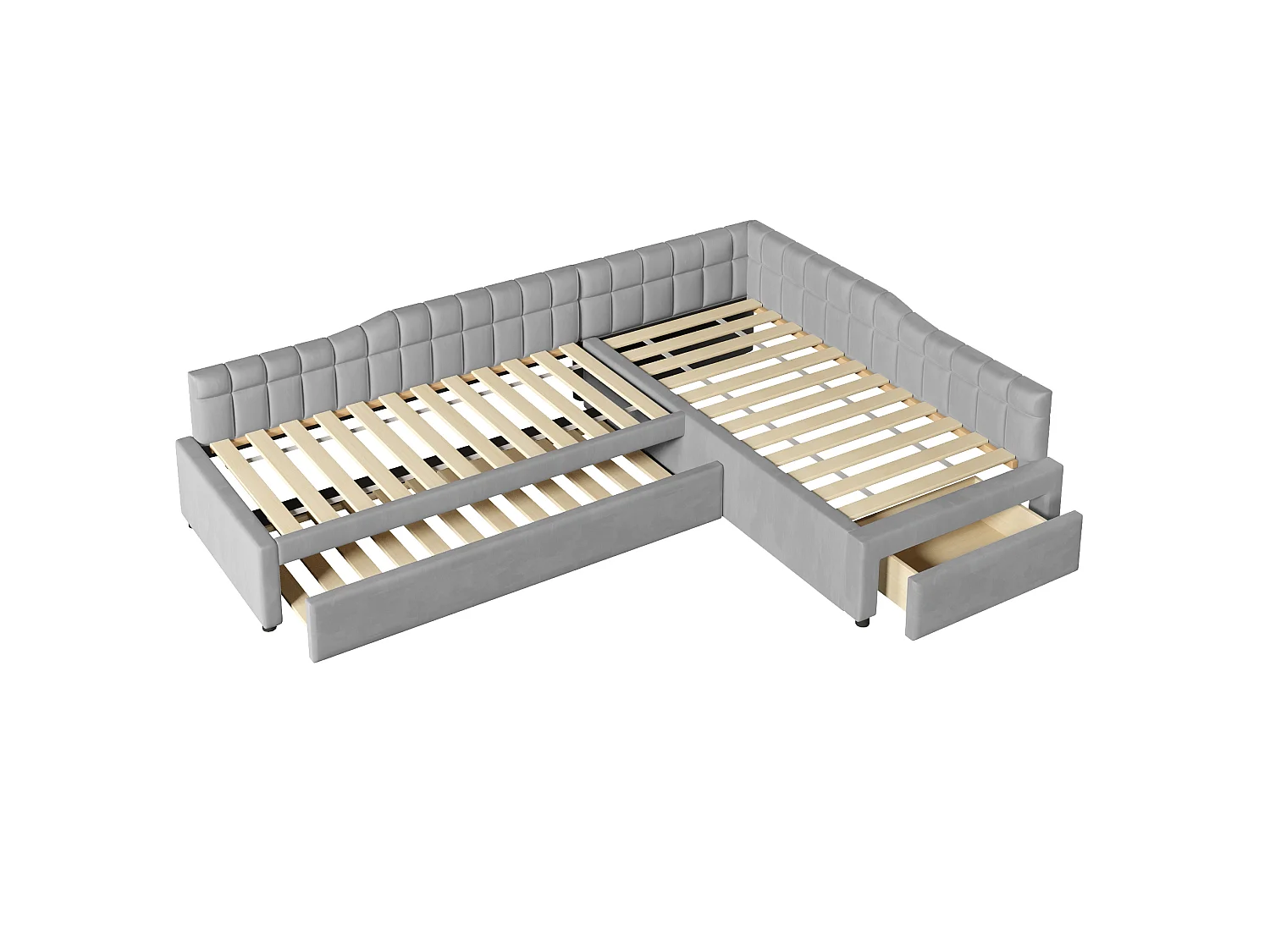 Lit enfant en forme de L 90x200 cm avec lit gigogne 90x190 cm et tiroir - Tissu gris