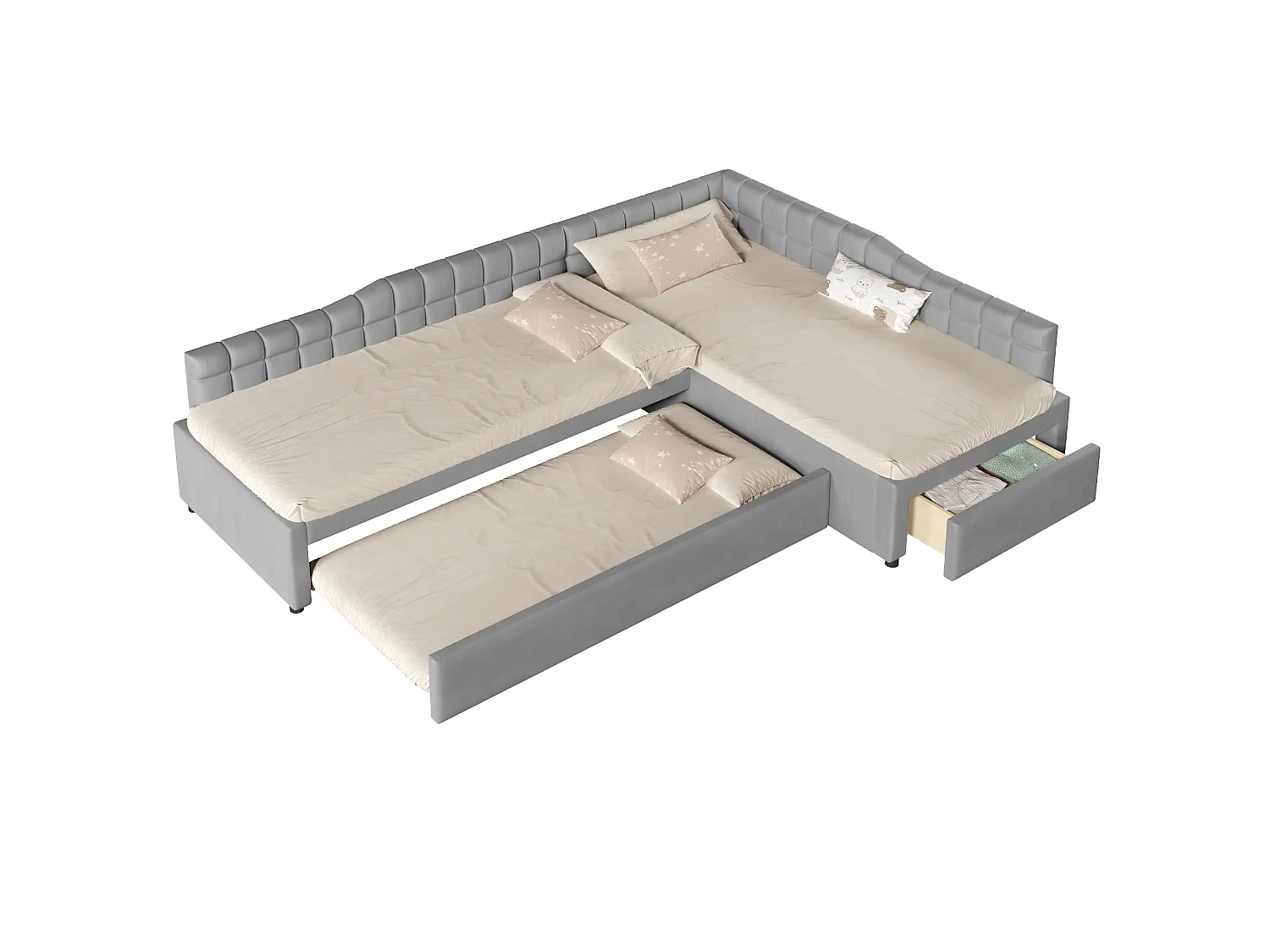 Lit enfant en forme de L 90x200 cm avec lit gigogne 90x190 cm et tiroir - Tissu gris