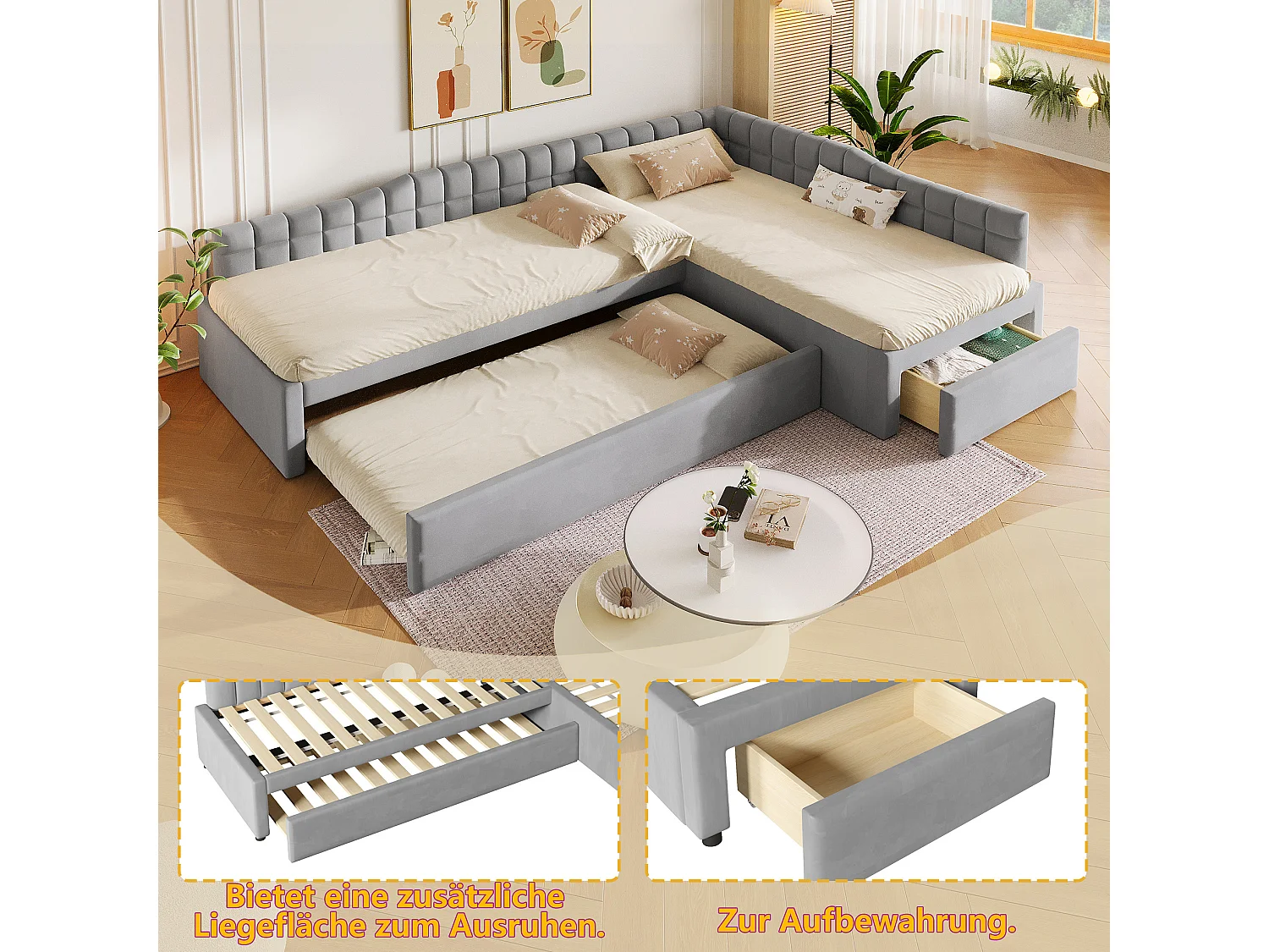 Lit enfant en forme de L 90x200 cm avec lit gigogne 90x190 cm et tiroir - Tissu gris