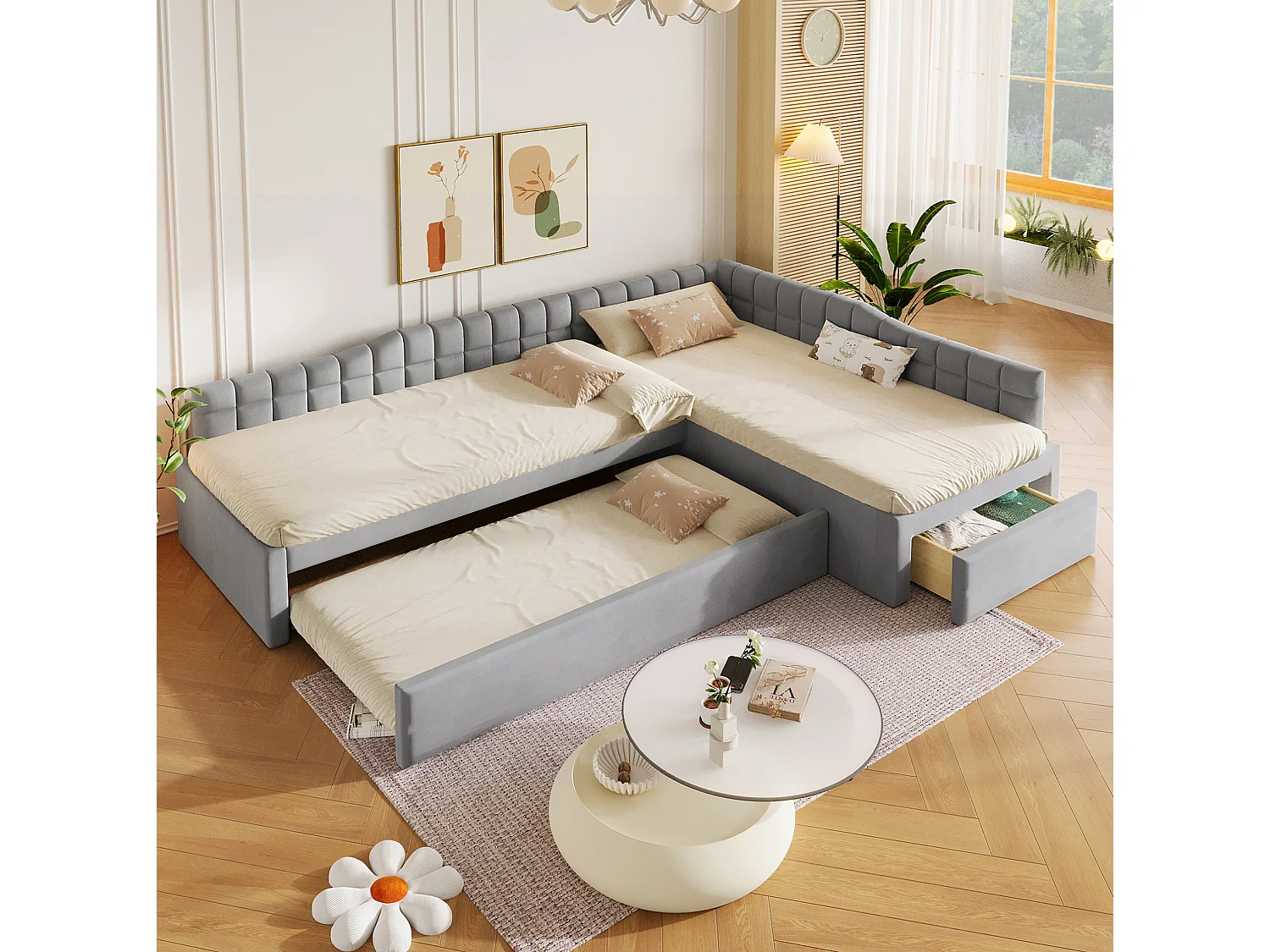 Lit enfant en forme de L 90x200 cm avec lit gigogne 90x190 cm et tiroir - Tissu gris