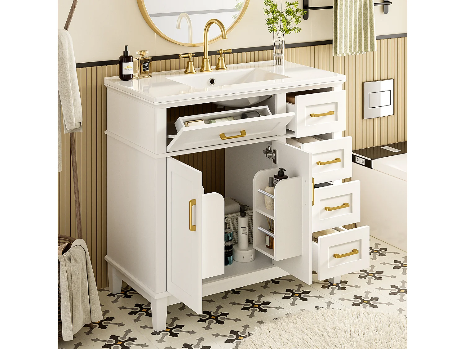 Mobiletto bagno autoportante da 91 cm con lavabo integrato e 4 cassetti - Bianco