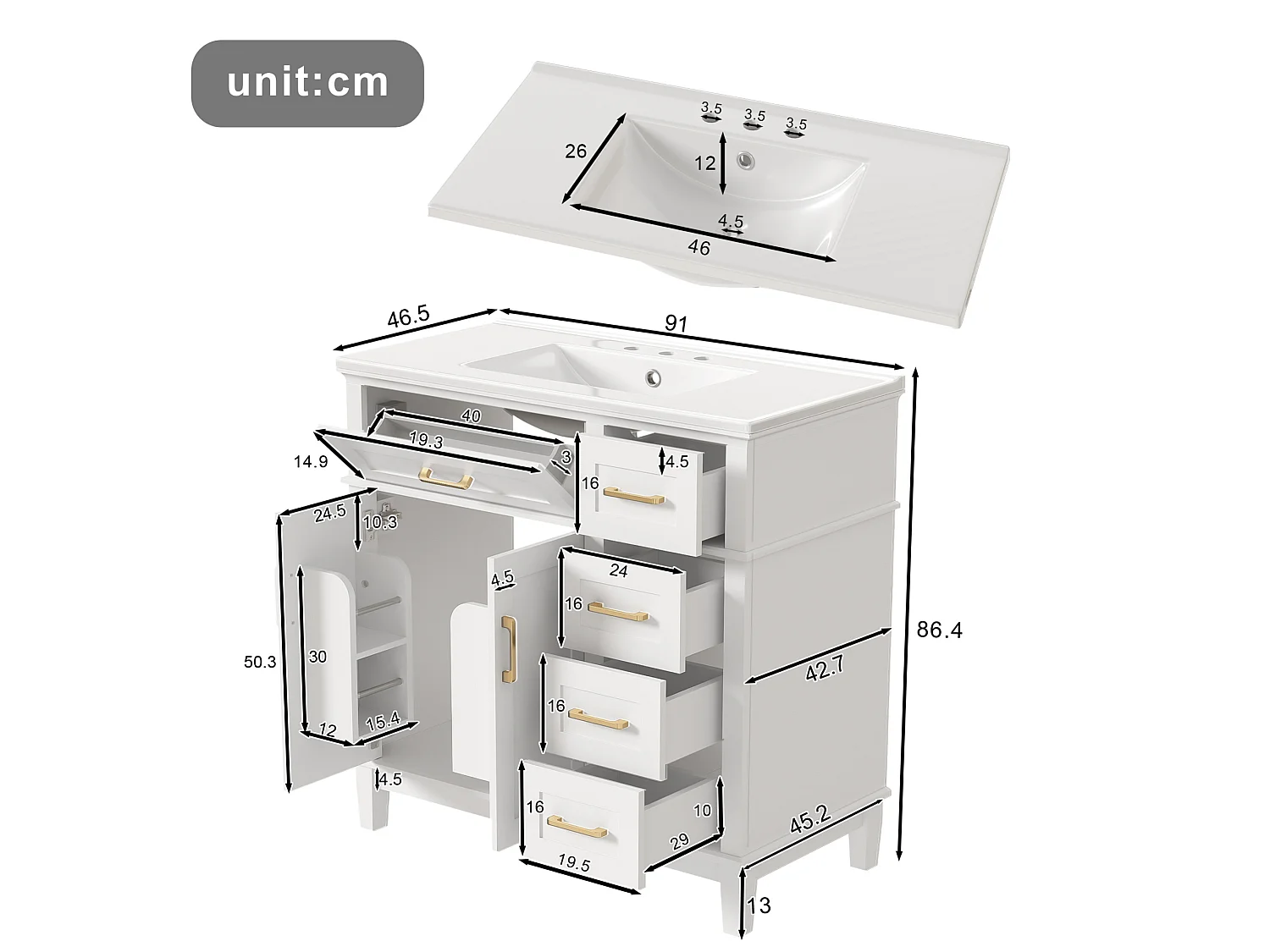 Mobiletto bagno autoportante da 91 cm con lavabo integrato e 4 cassetti - Bianco