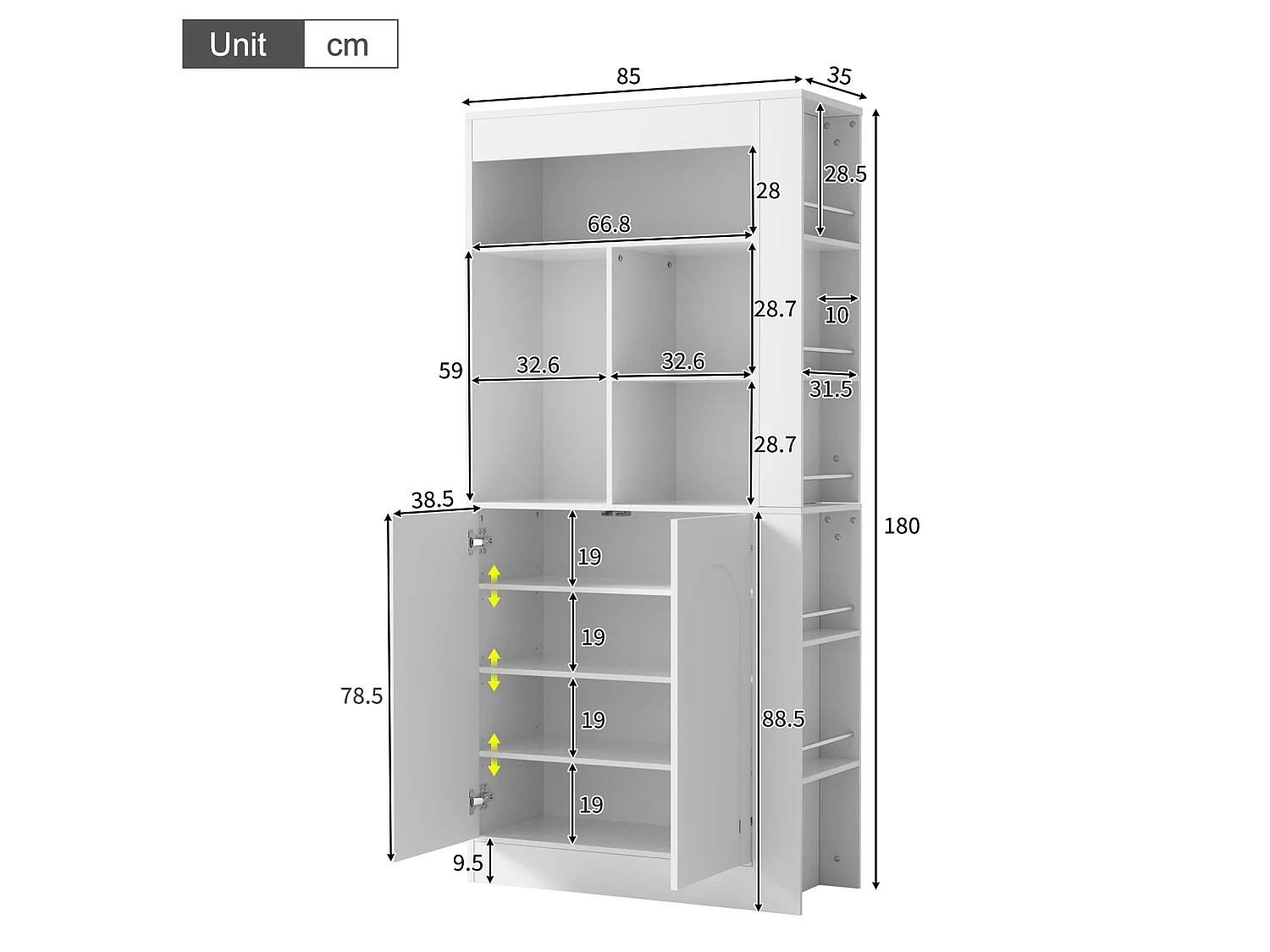 Buffet haute multifonctionnelle avec 2 portes et étagères - Blanc 85 × 35 × 180 cm