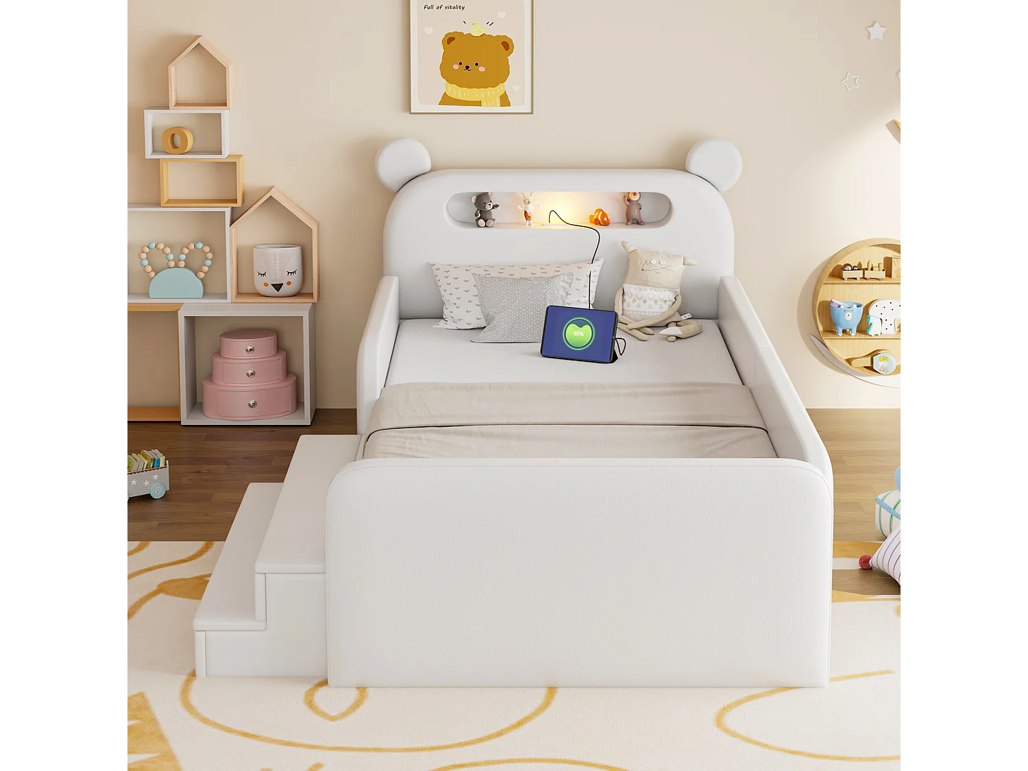 Letto per bambini 90x200 cm con testiera a forma di orso, luce notturna, porta USB e vano contenitore - Ecopelle bianca