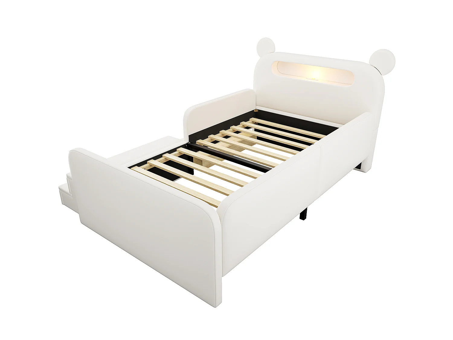 Letto per bambini 90x200 cm con testiera a forma di orso, luce notturna, porta USB e vano contenitore - Ecopelle bianca