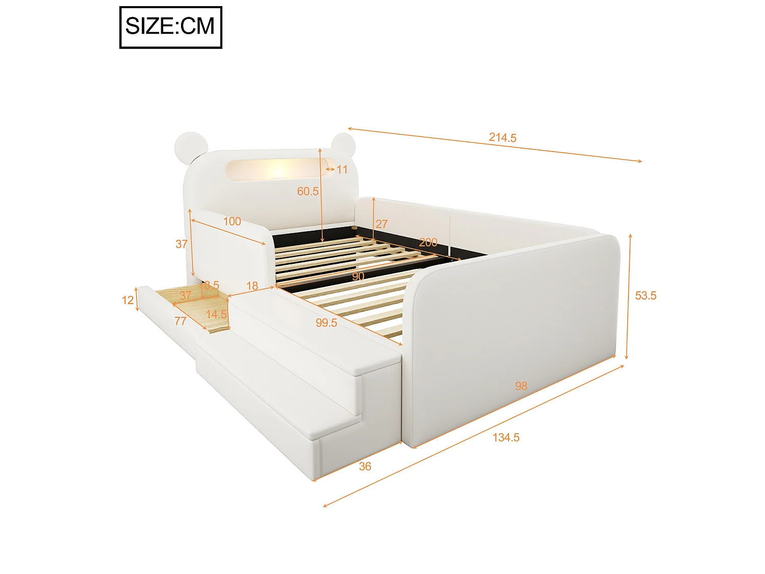 Letto per bambini 90x200 cm con testiera a forma di orso, luce notturna, porta USB e vano contenitore - Ecopelle bianca