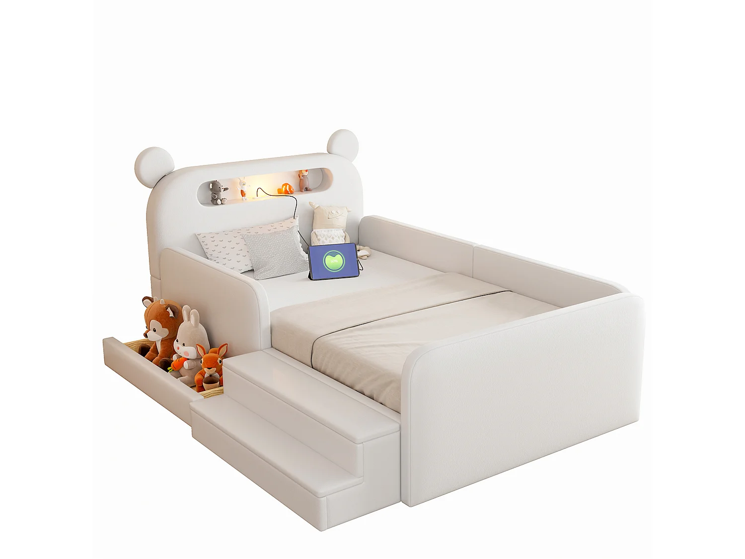 Letto per bambini 90x200 cm con testiera a forma di orso, luce notturna, porta USB e vano contenitore - Ecopelle bianca