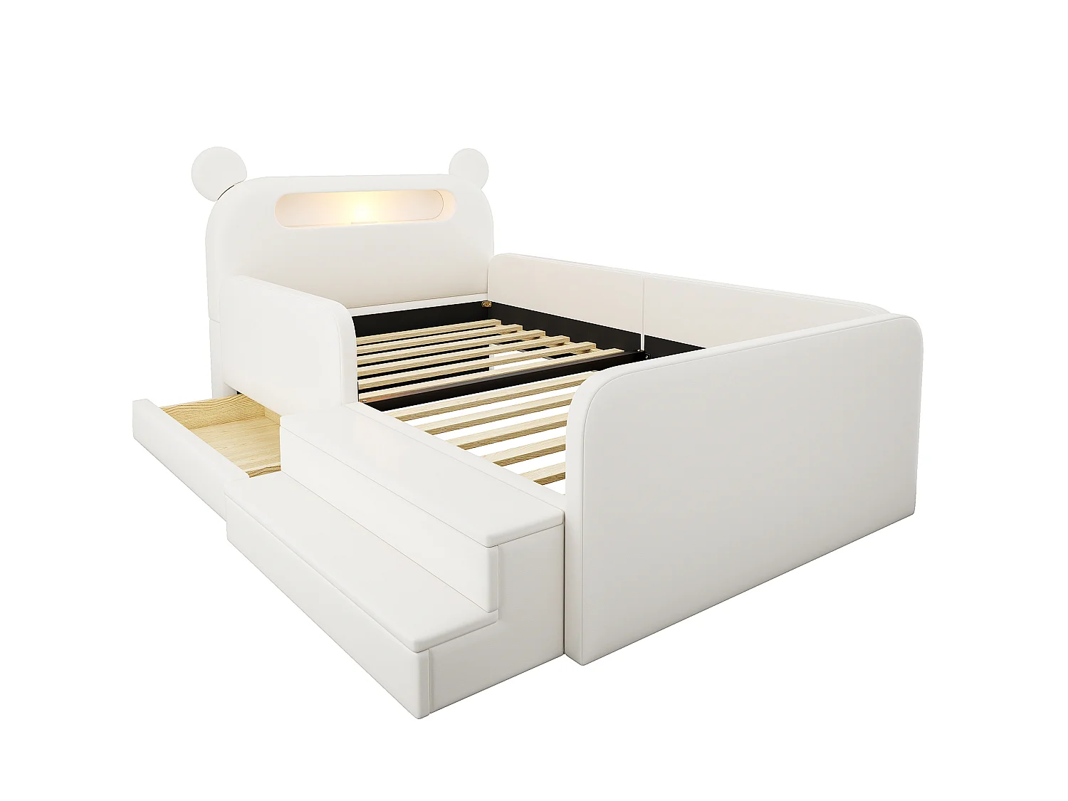 Letto per bambini 90x200 cm con testiera a forma di orso, luce notturna, porta USB e vano contenitore - Ecopelle bianca