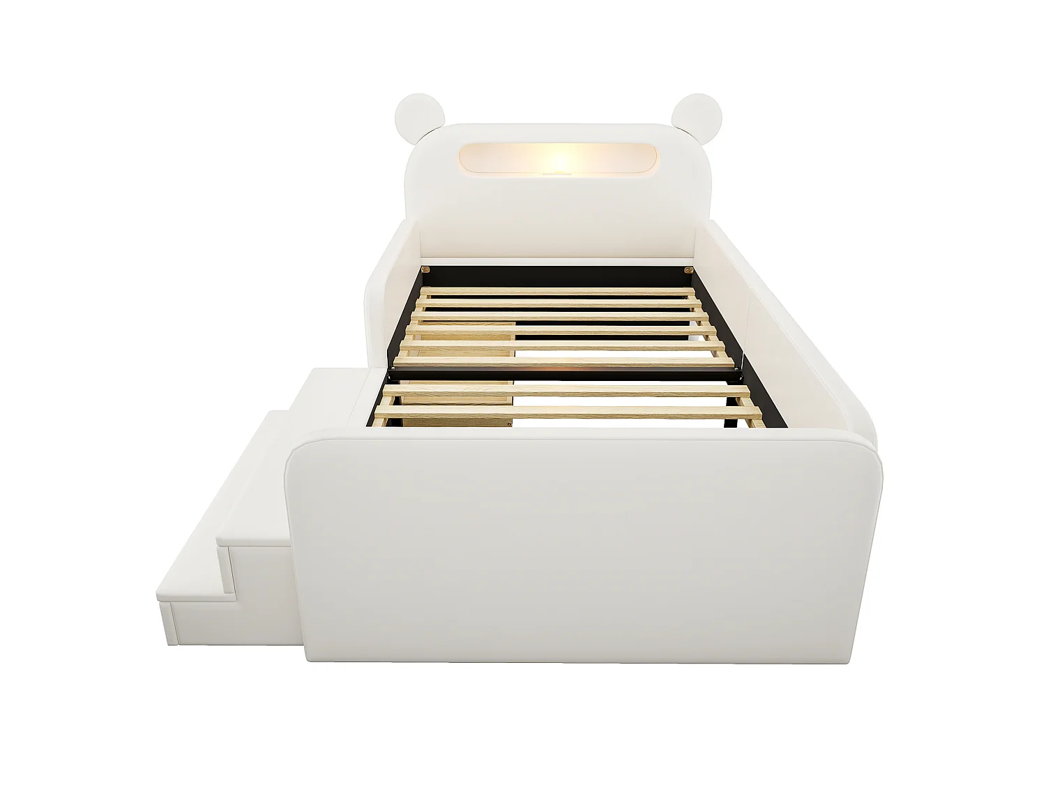 Letto per bambini 90x200 cm con testiera a forma di orso, luce notturna, porta USB e vano contenitore - Ecopelle bianca