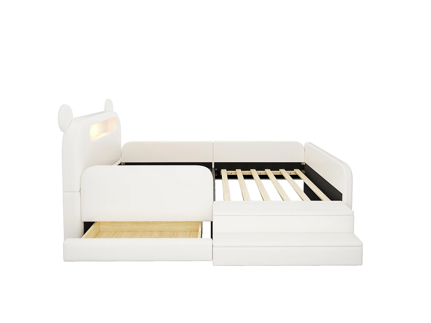 Letto per bambini 90x200 cm con testiera a forma di orso, luce notturna, porta USB e vano contenitore - Ecopelle bianca
