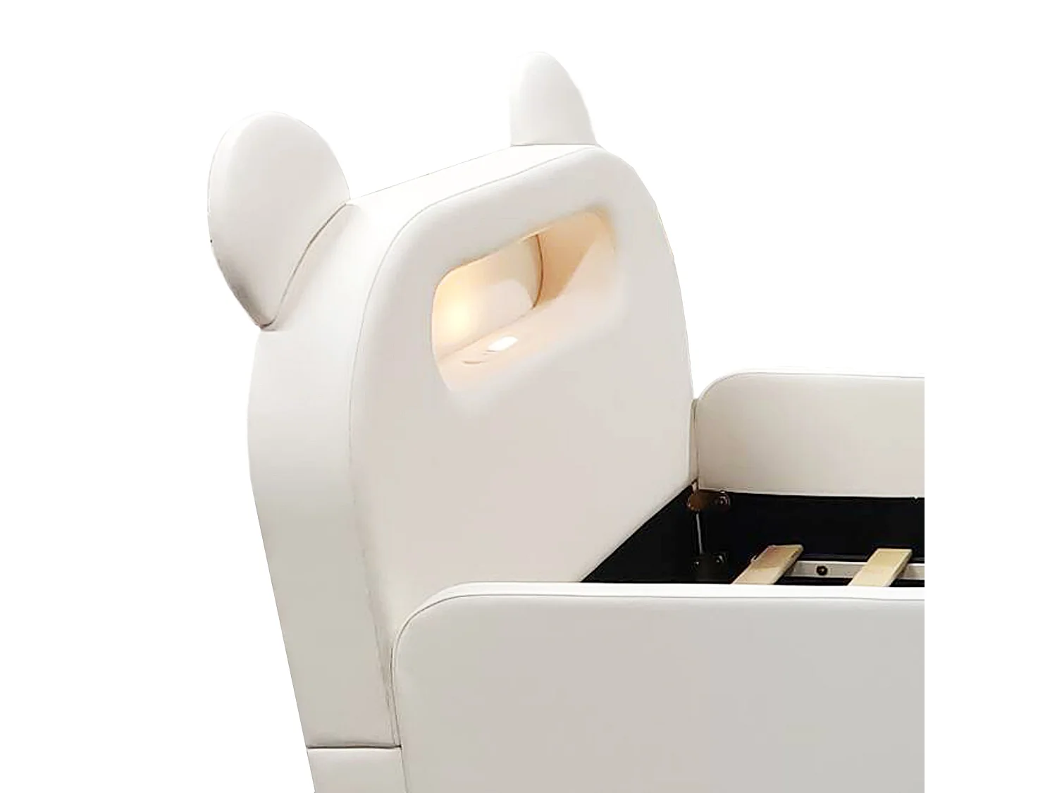 Letto per bambini 90x200 cm con testiera a forma di orso, luce notturna, porta USB e vano contenitore - Ecopelle bianca