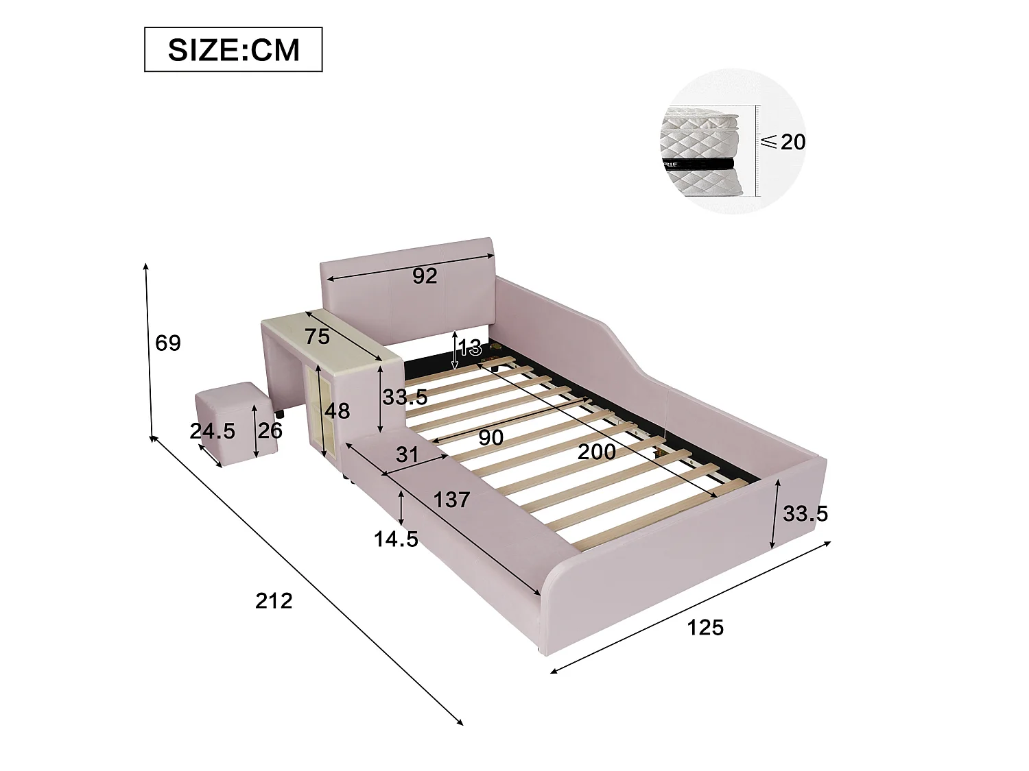 Lit enfant 90x200 cm avec bureau et tabouret - Lit simple en velours rose